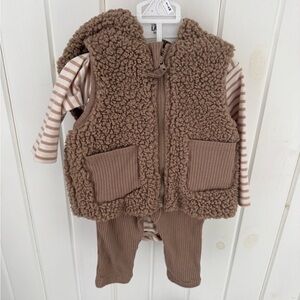 Little Lad Brown baby teddy Sherpa Vest with Striped Onesie and Pants Set 3-6 M